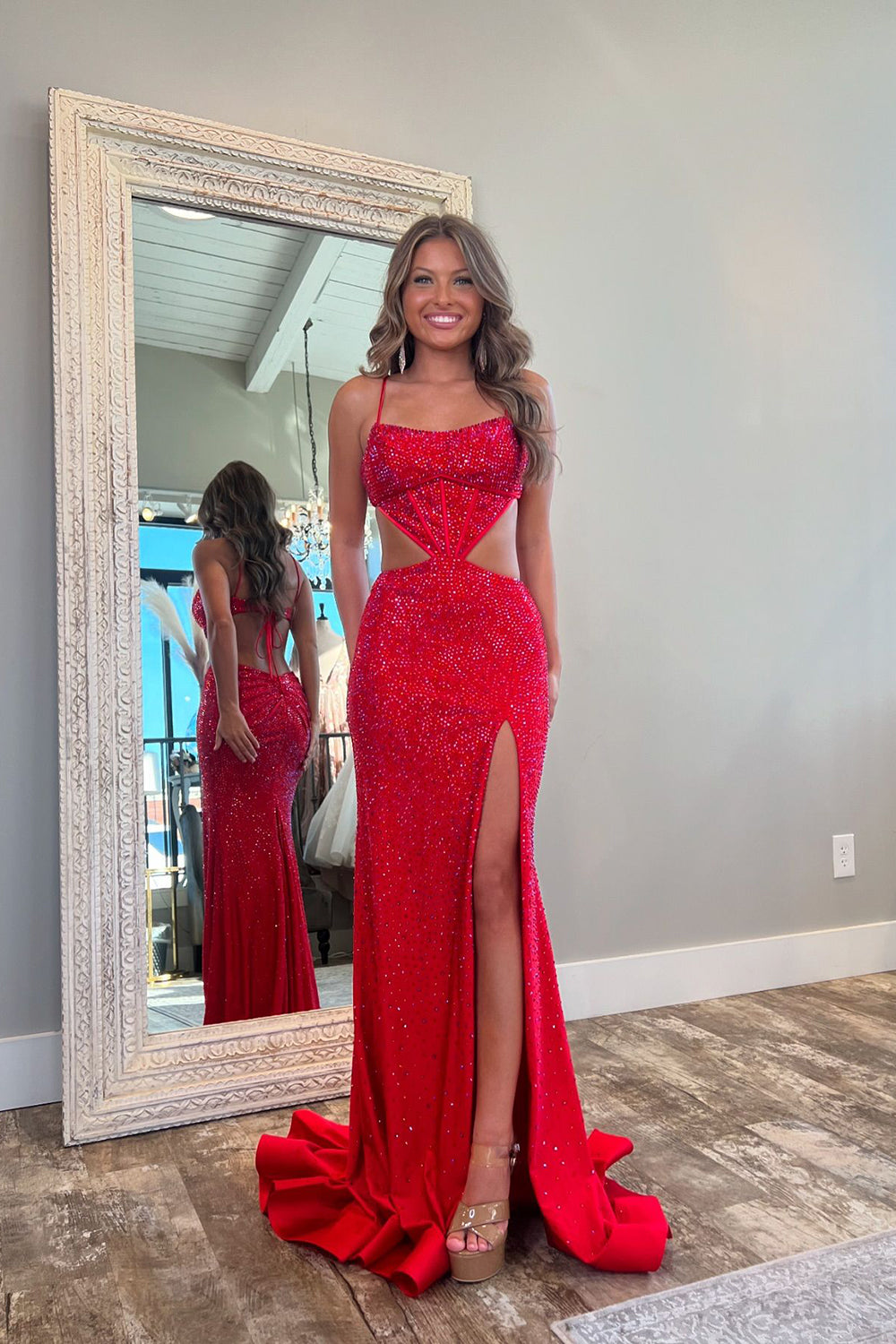 Long Mermaid Prom Dress with Sparkly Red Spaghetti Straps and Beaded Cut-outs