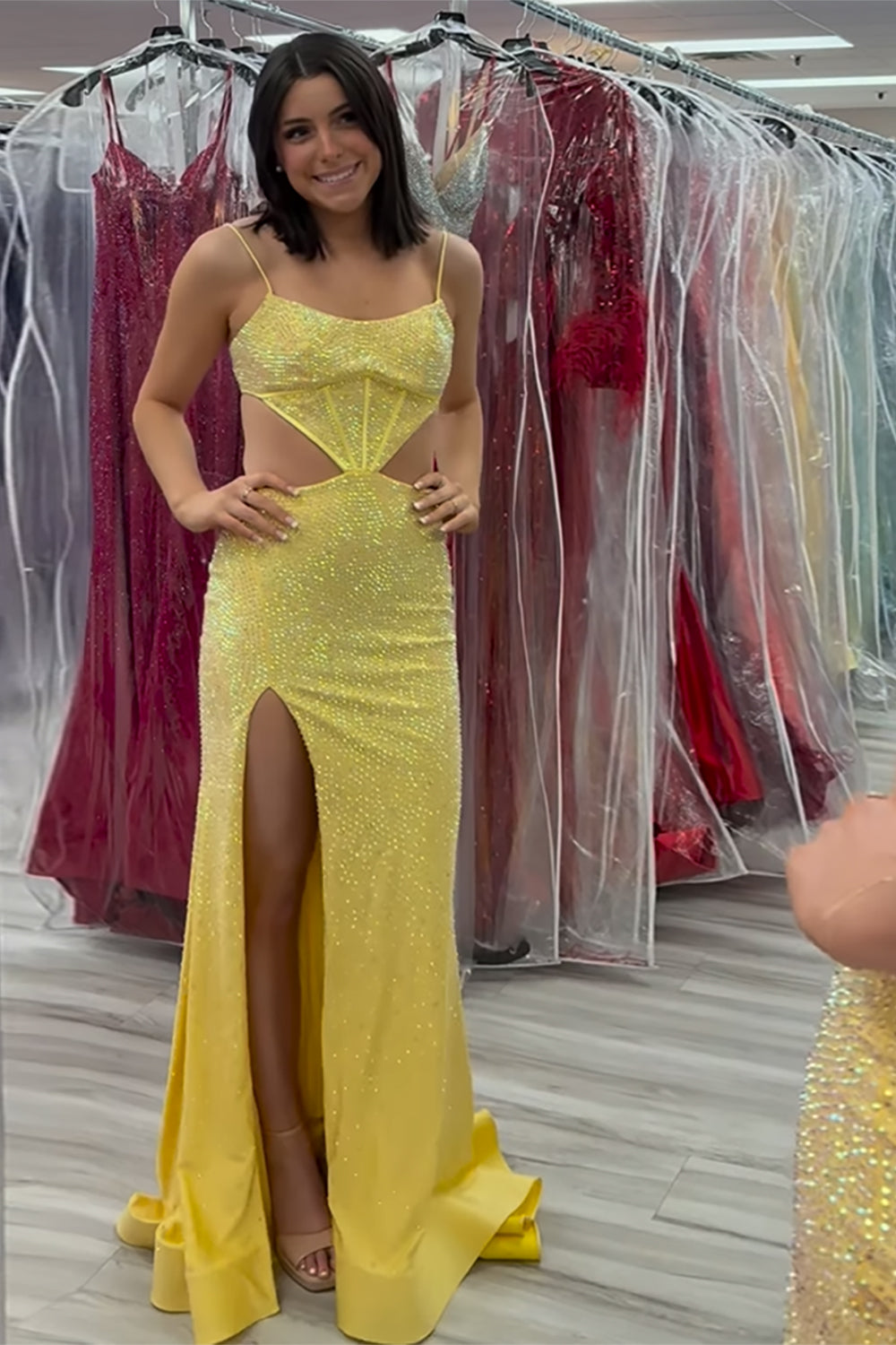 Long Mermaid Prom Dress with Sparkly Red Spaghetti Straps and Beaded Cut-outs