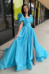 Long A-Line Corset Prom Dress in Blue Satin with Square Neck and Puff Sleeves Featuring a Slit
