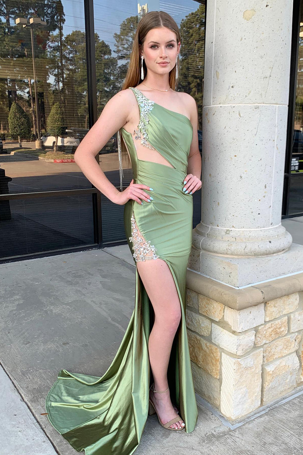 One-Shoulder Sage Satin Prom Dress with Cut-outs and Appliques in Mermaid Style