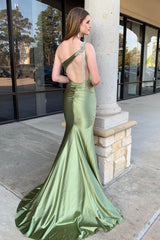 One-Shoulder Sage Satin Prom Dress with Cut-outs and Appliques in Mermaid Style