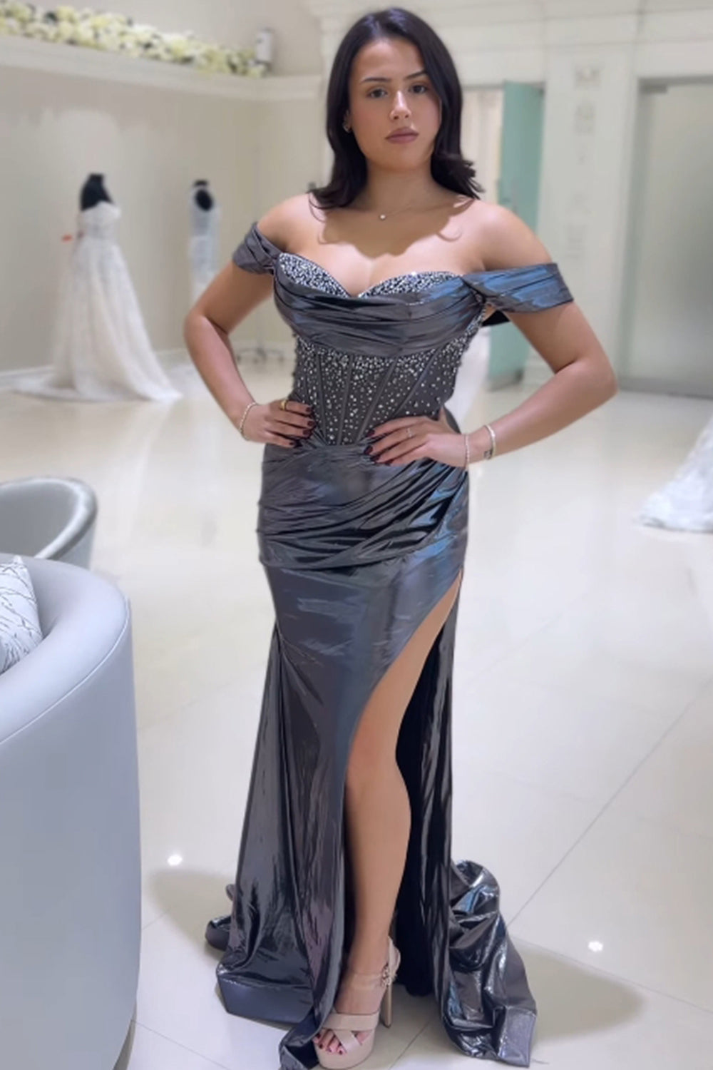 Metallic Grey Mermaid Corset Prom Dress with Ruched Off-Shoulder Beaded Design
