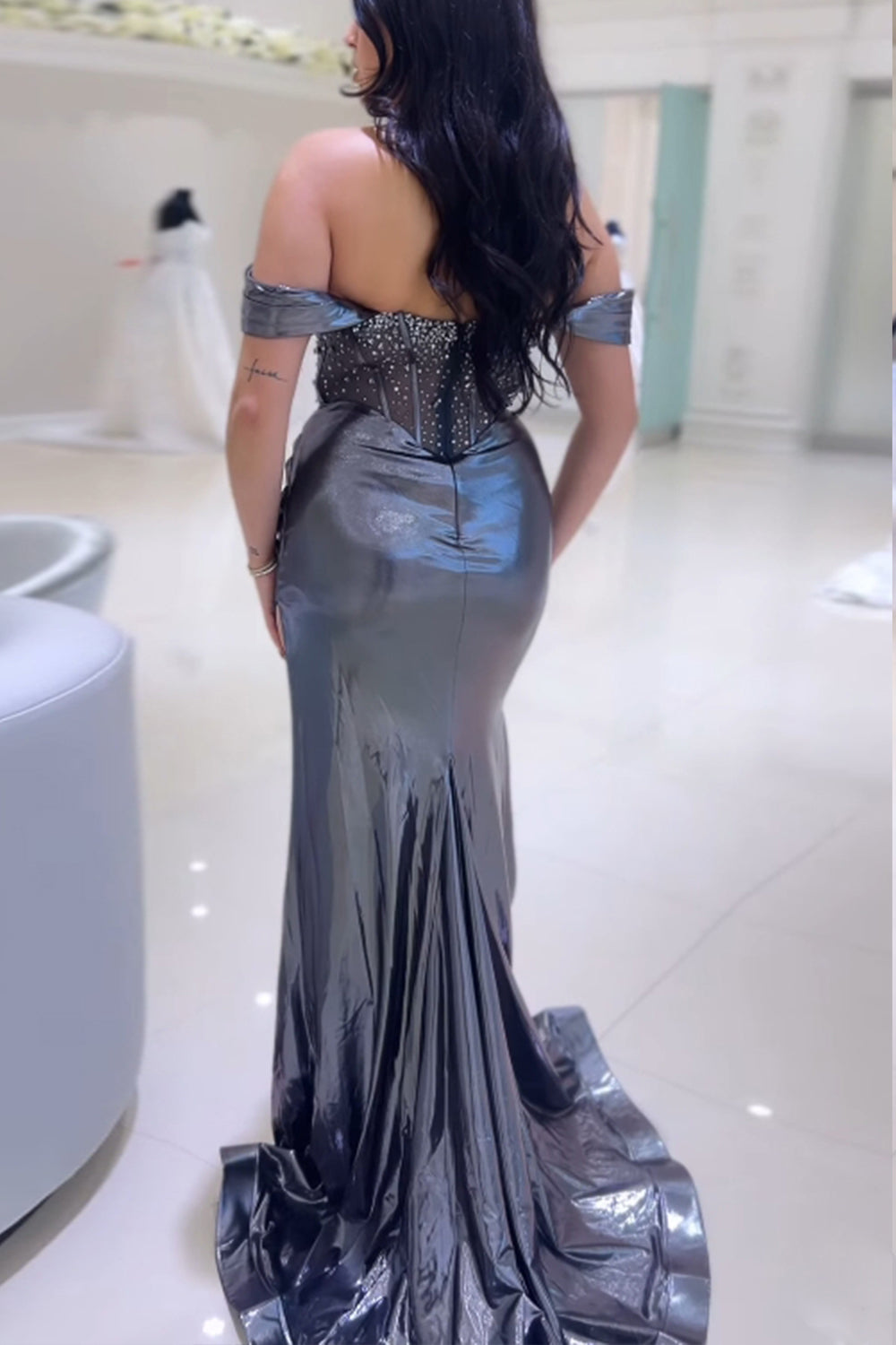 Metallic Grey Mermaid Corset Prom Dress with Ruched Off-Shoulder Beaded Design