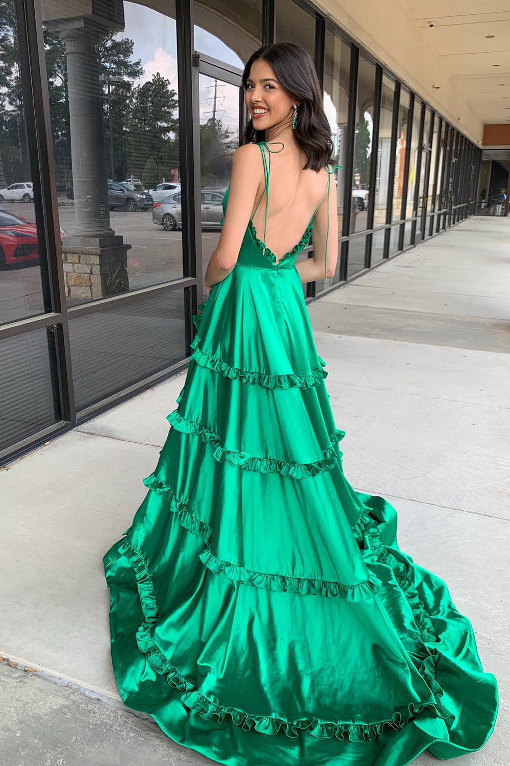 Long A-Line Prom Dress in Green Satin with Spaghetti Straps Open Back and Ruffles