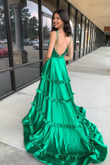 Long A-Line Prom Dress in Green Satin with Spaghetti Straps Open Back and Ruffles