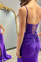 Long Beaded Mermaid Prom Dress with Purple Spaghetti Straps and Slit
