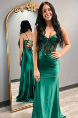 Satin Mermaid Corset Prom Dress with Dark Green Spaghetti Straps and Beading