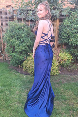 Satin Mermaid Prom Dress in Light Blue with Spaghetti Straps and Appliques