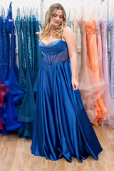Satin A-Line Long Corset Prom Dress in Royal Blue with Spaghetti Straps and Beading