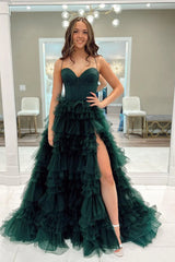 Long A-Line Corset Prom Dress in Dark Green with Spaghetti Straps Tulle Tiers and Slit