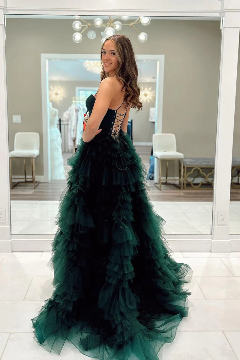 Long A-Line Corset Prom Dress in Dark Green with Spaghetti Straps Tulle Tiers and Slit
