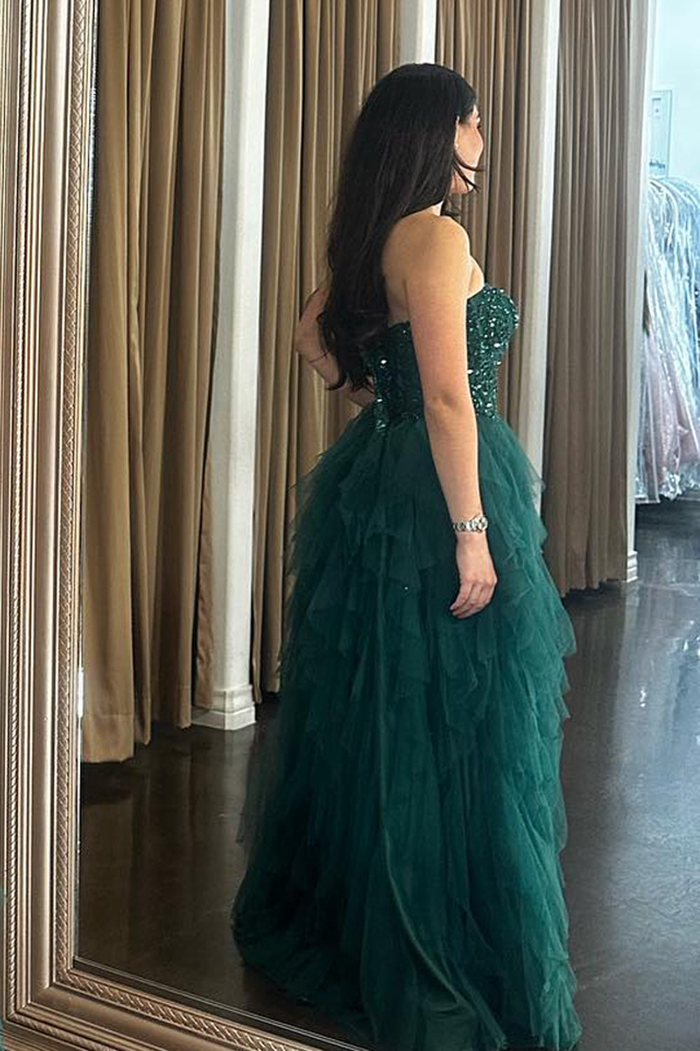 Long A-Line Corset Prom Dress in Sparkly Dark Green with Sweetheart Tulle Tiered Skirt and Appliques