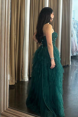 Long A-Line Corset Prom Dress in Sparkly Dark Green with Sweetheart Tulle Tiered Skirt and Appliques