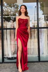 Long Burgundy Satin Mermaid Prom Dress with Strapless Corset and Ruched Appliques