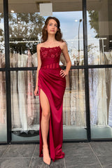 Long Burgundy Satin Mermaid Prom Dress with Strapless Corset and Ruched Appliques
