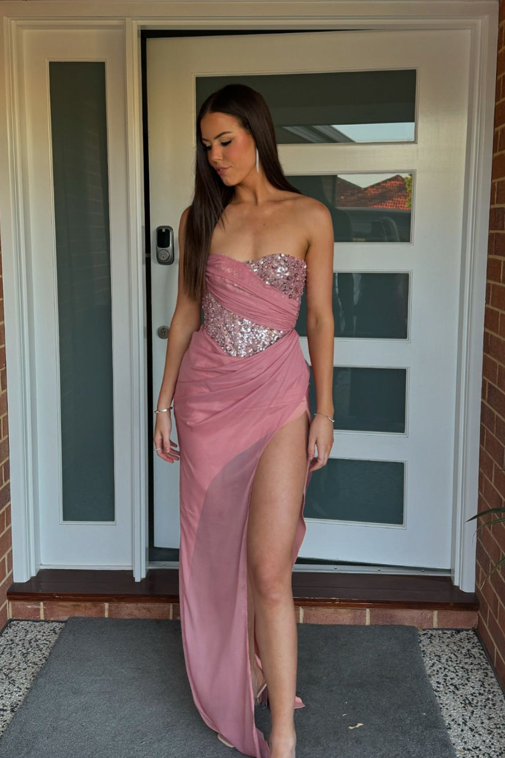 Long Strapless Prom Dress with Sparkly Blush Sequins and Mermaid Slit
