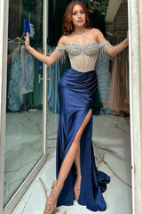 Navy Sparkle Mermaid Corset Prom Dress with Beading Off-Shoulder Satin Gown