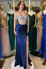 Navy Sparkle Mermaid Corset Prom Dress with Beading Off-Shoulder Satin Gown