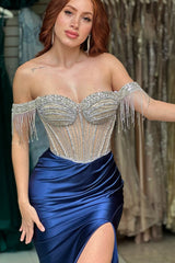 Navy Sparkle Mermaid Corset Prom Dress with Beading Off-Shoulder Satin Gown