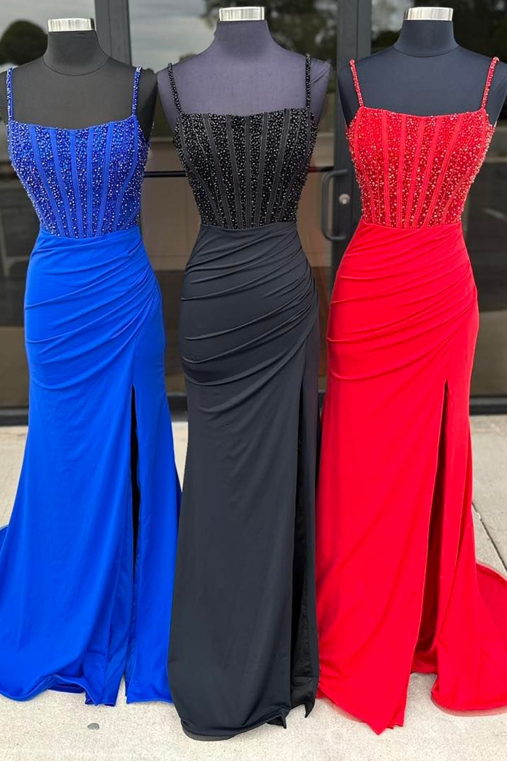 Long Corset Prom Dress in Royal Blue with Spaghetti Straps and Slit Mermaid Style