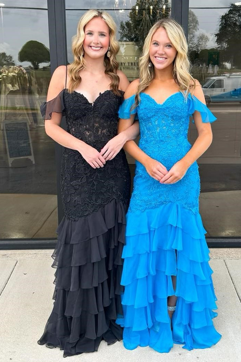 Long Black Chiffon Prom Dress with Cold Shoulder and Tiered Mermaid Hem Embellished with Appliques