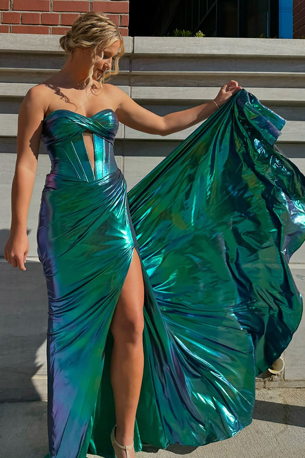 Metallic Mermaid Long Corset Prom Dress in Dark Green with Sweetheart Neckline and Slit
