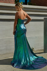 Metallic Mermaid Long Corset Prom Dress in Dark Green with Sweetheart Neckline and Slit