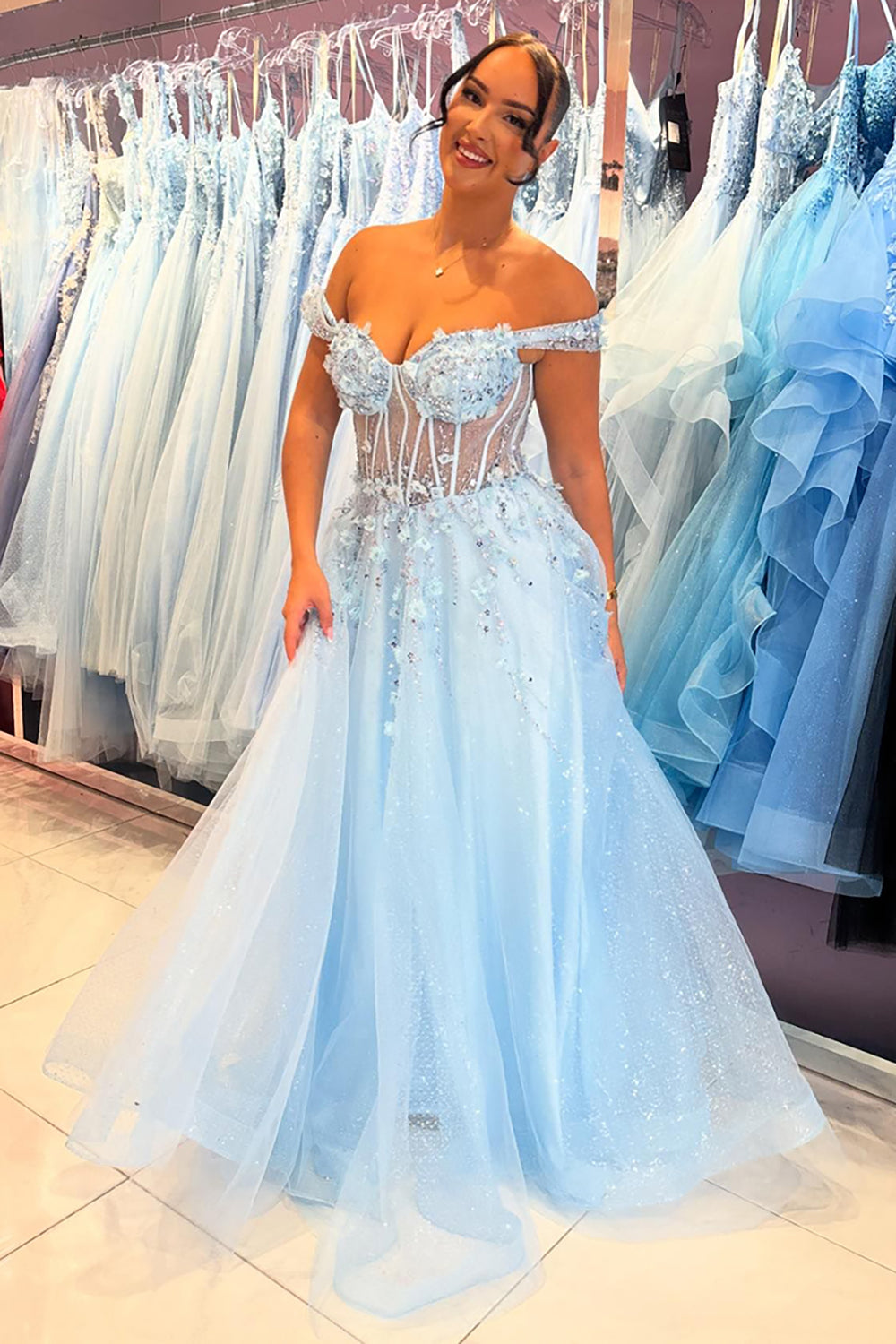 Long Sky Blue A-Line Corset Prom Dress with Appliques in Off-the-Shoulder Tulle
