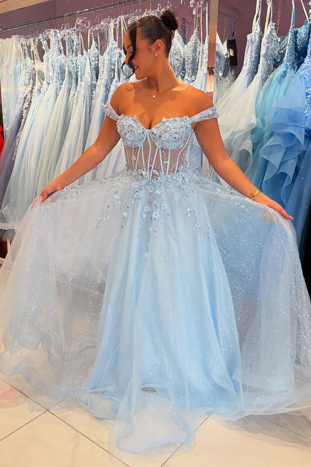 Long Sky Blue A-Line Corset Prom Dress with Appliques in Off-the-Shoulder Tulle