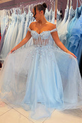 Long Sky Blue A-Line Corset Prom Dress with Appliques in Off-the-Shoulder Tulle