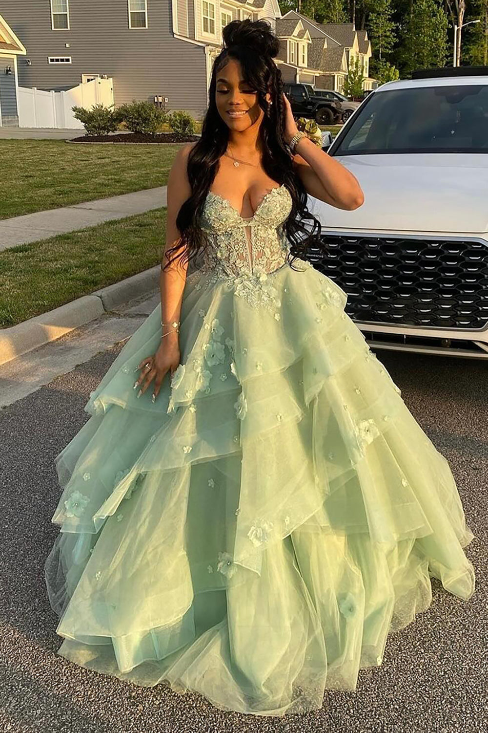 Long Corset Prom Dress in Sage Green with Spaghetti Straps A-Line Tulle Tiered Design and Appliques