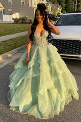 Long Corset Prom Dress in Sage Green with Spaghetti Straps A-Line Tulle Tiered Design and Appliques