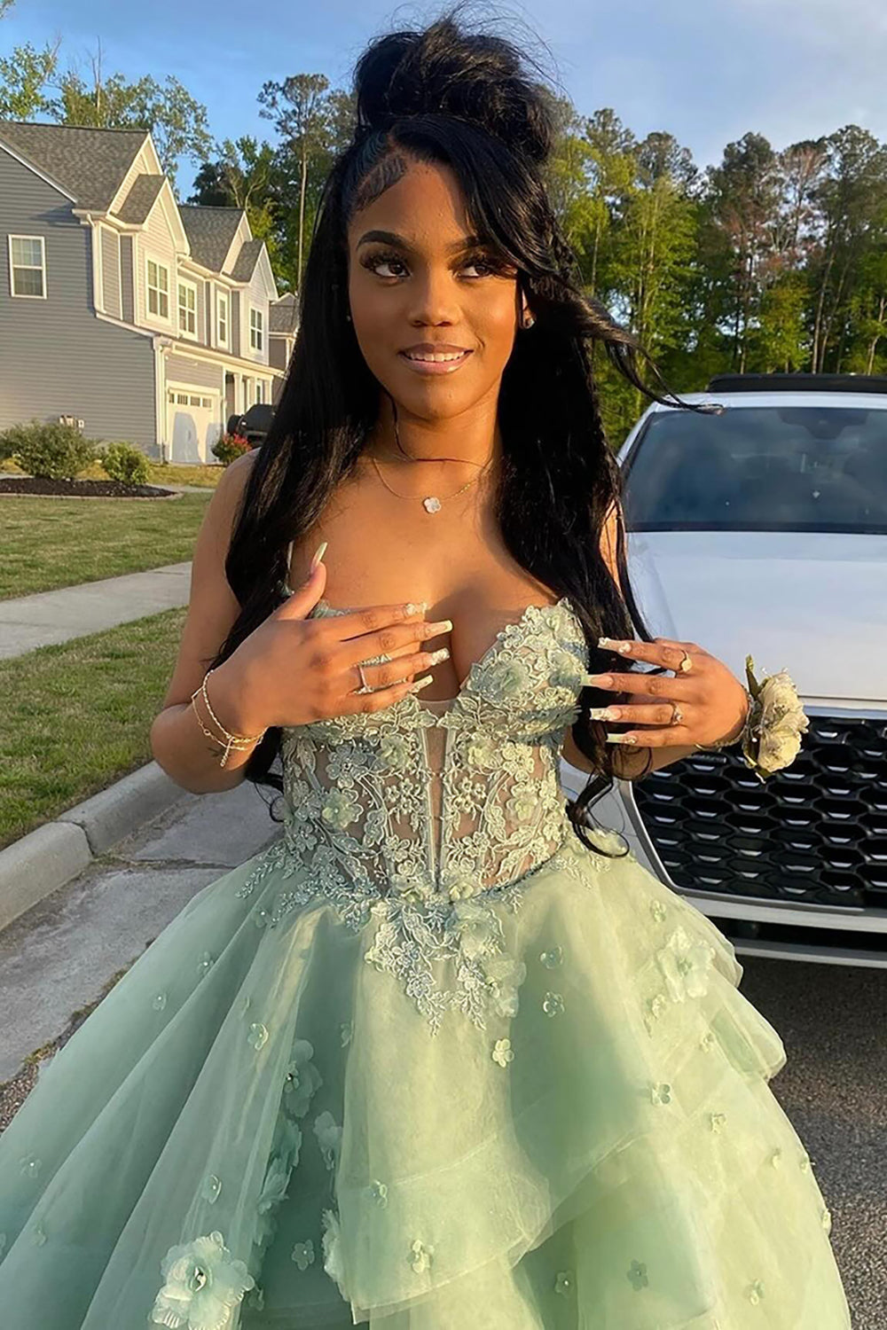 Long Corset Prom Dress in Sage Green with Spaghetti Straps A-Line Tulle Tiered Design and Appliques