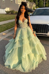 Long Corset Prom Dress in Sage Green with Spaghetti Straps A-Line Tulle Tiered Design and Appliques