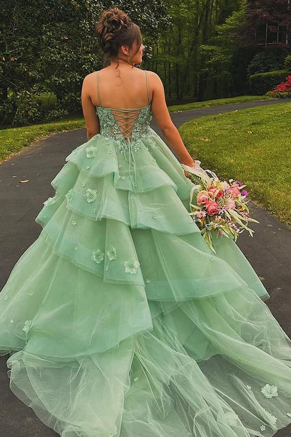 Long Corset Prom Dress in Sage Green with Spaghetti Straps A-Line Tulle Tiered Design and Appliques