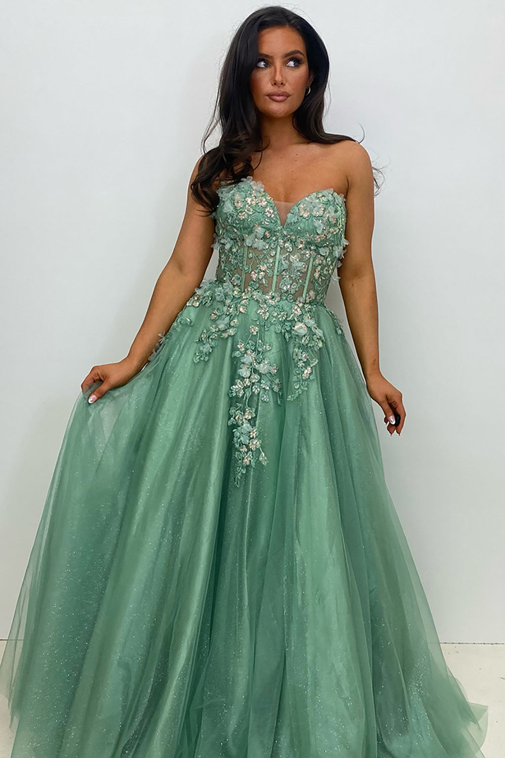 Long Corset Prom Dress in Sage Green with Sweetheart Neckline Tulle Tiered A-Line and Appliques