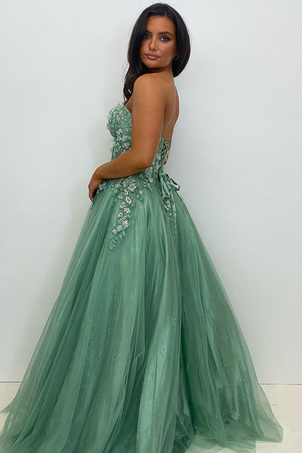 Long Corset Prom Dress in Sage Green with Sweetheart Neckline Tulle Tiered A-Line and Appliques
