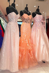 Long Corset Prom Dress with Orange Spaghetti Straps and Tulle Tiered Mermaid Design Featuring Appliques