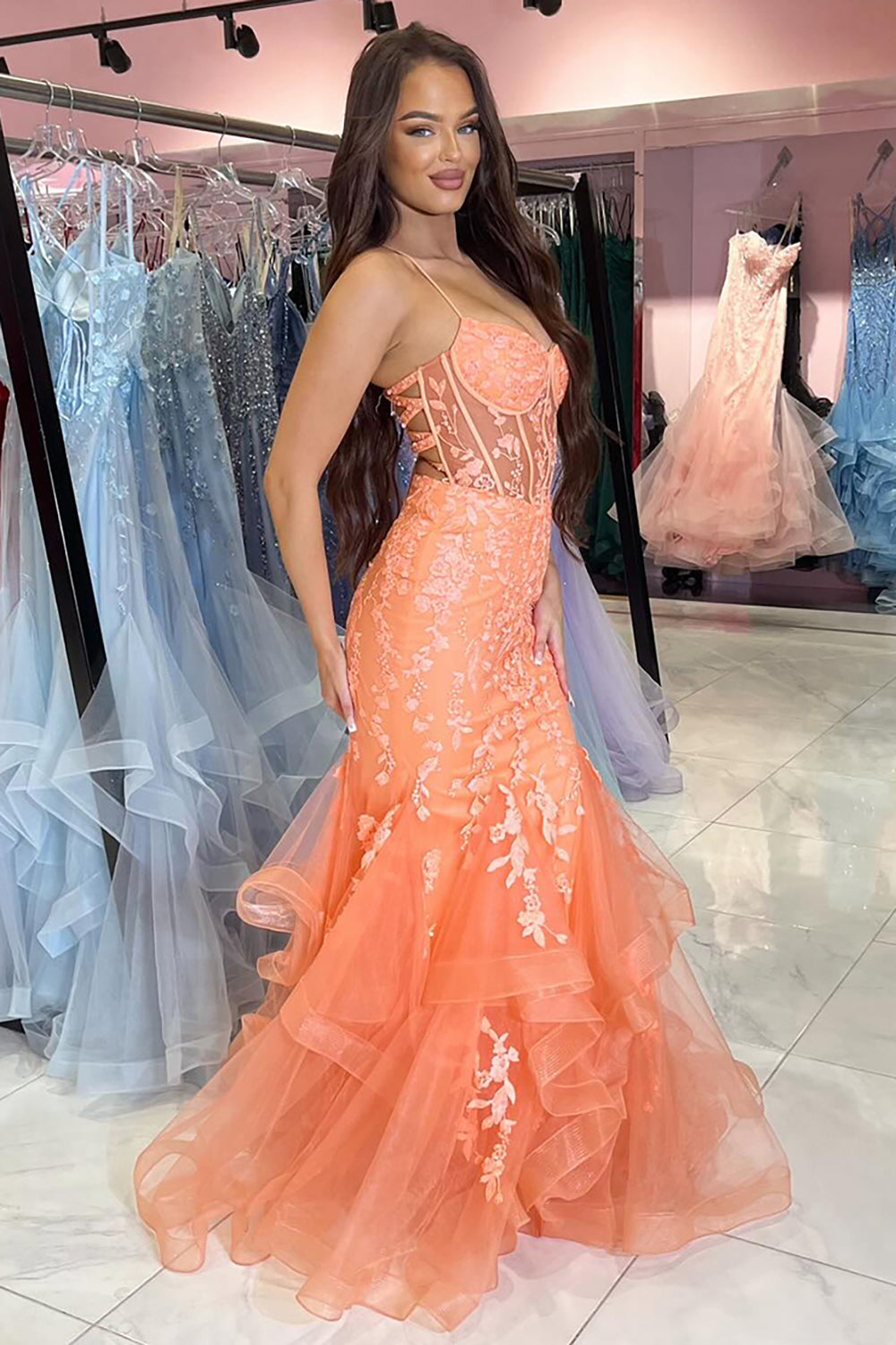 Long Corset Prom Dress with Orange Spaghetti Straps and Tulle Tiered Mermaid Design Featuring Appliques
