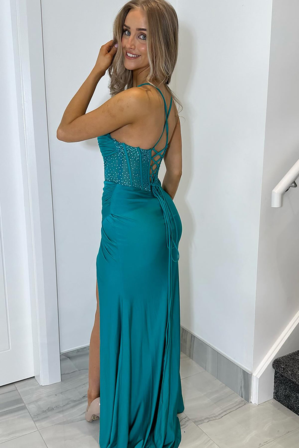Satin Mermaid Prom Dress with Blue Spaghetti Straps and Beading