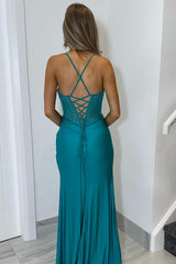 Satin Mermaid Prom Dress with Blue Spaghetti Straps and Beading
