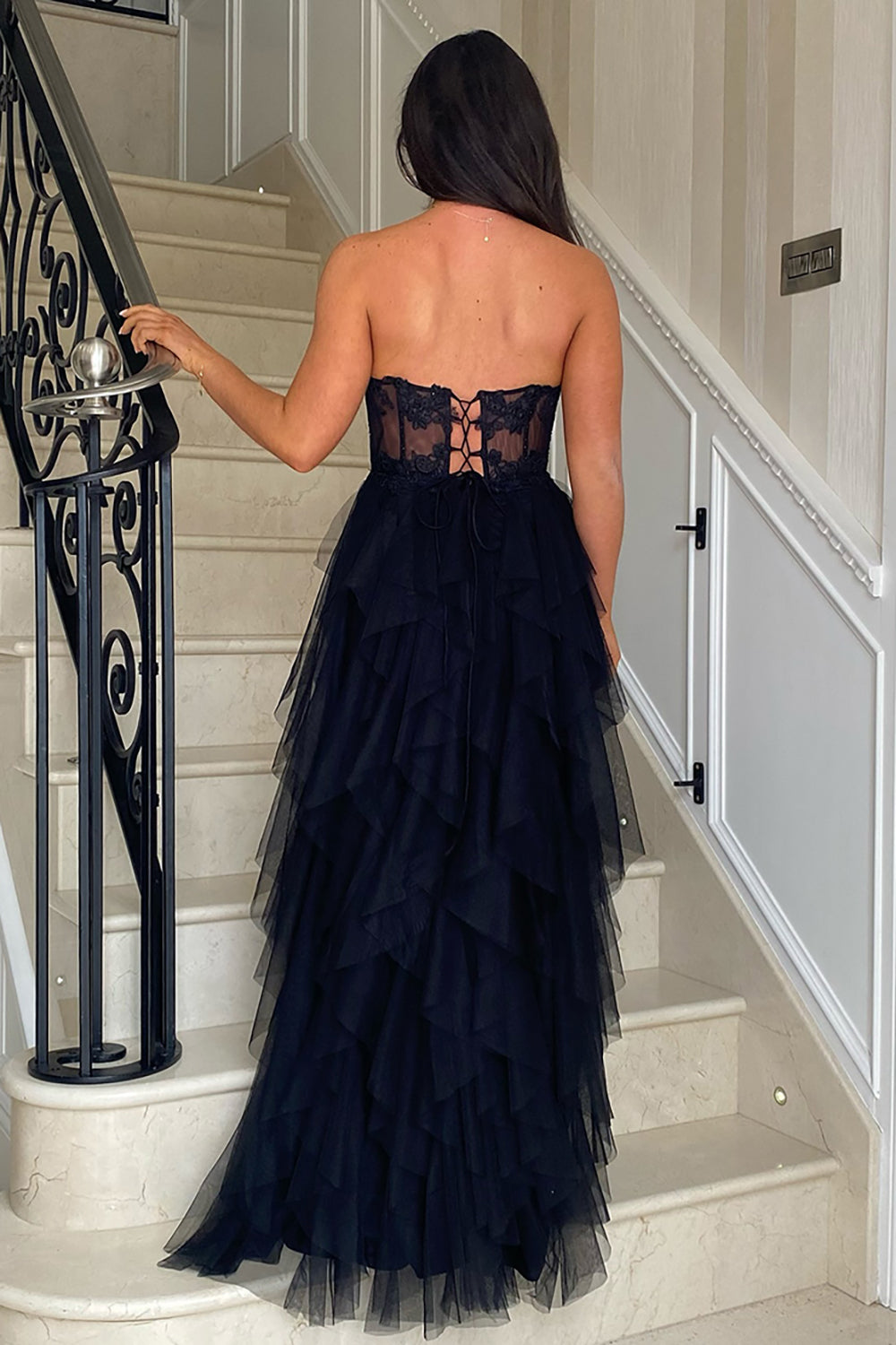 Long Corset Prom Dress in Blush with Strapless A-Line Tulle Tiered Design and Appliques