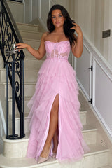 Long Corset Prom Dress in Blush with Strapless A-Line Tulle Tiered Design and Appliques