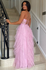 Long Corset Prom Dress in Blush with Strapless A-Line Tulle Tiered Design and Appliques