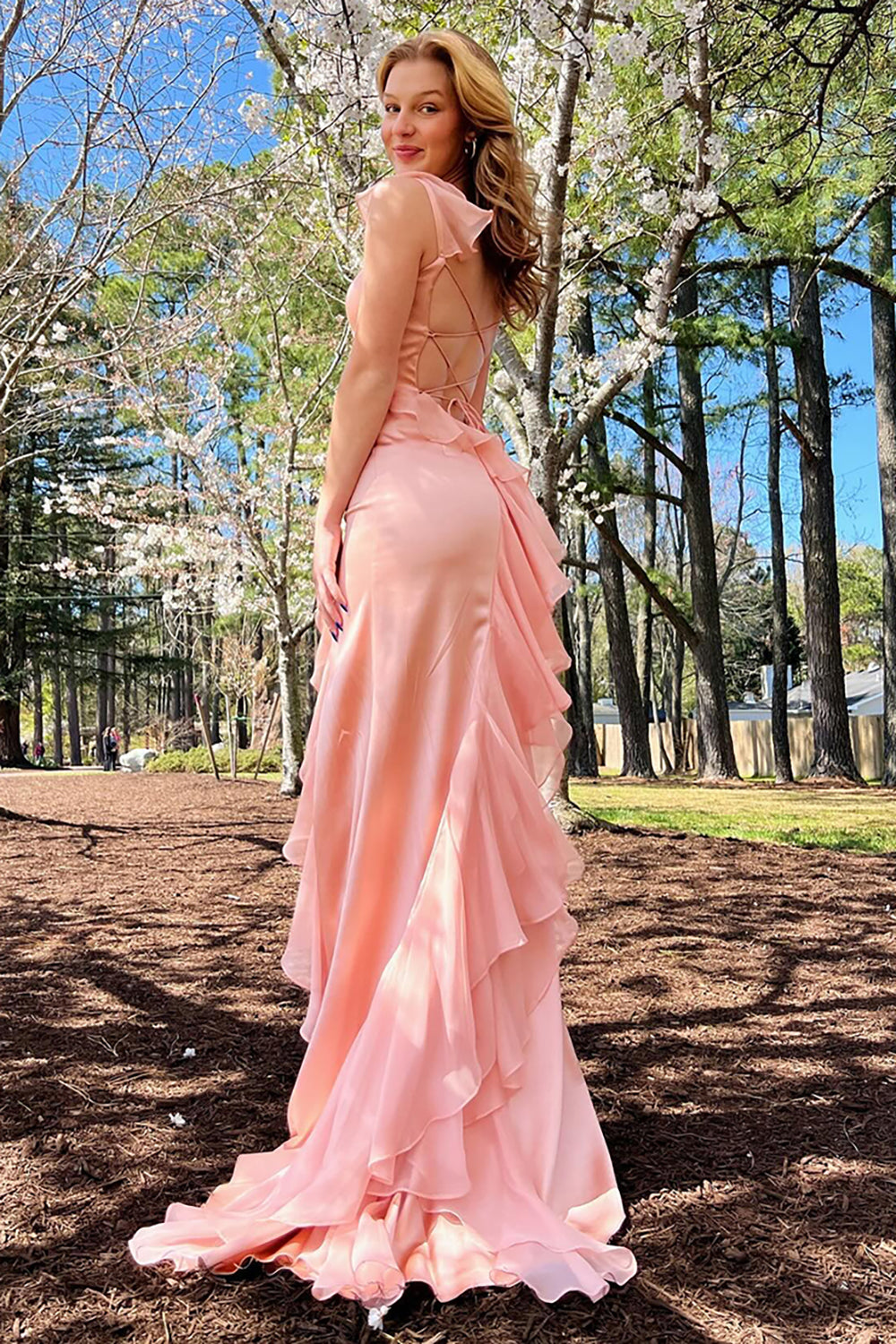 Long Chiffon Mermaid Prom Dress with Blush Spaghetti Straps and Ruffles