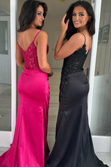 Long Satin Corset Prom Dress in Fuchsia with Mermaid Silhouette and Spaghetti Straps Adorned with Appliques