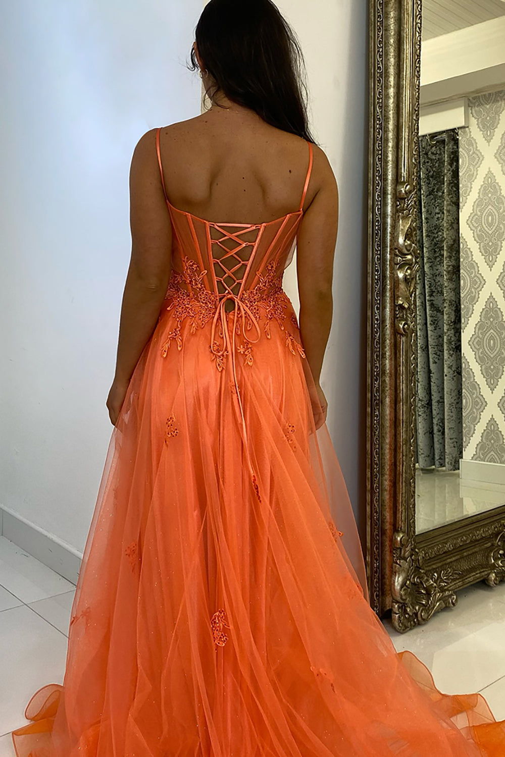 Long A-Line Corset Prom Dress in Orange with Tulle and Spaghetti Straps Featuring Appliques