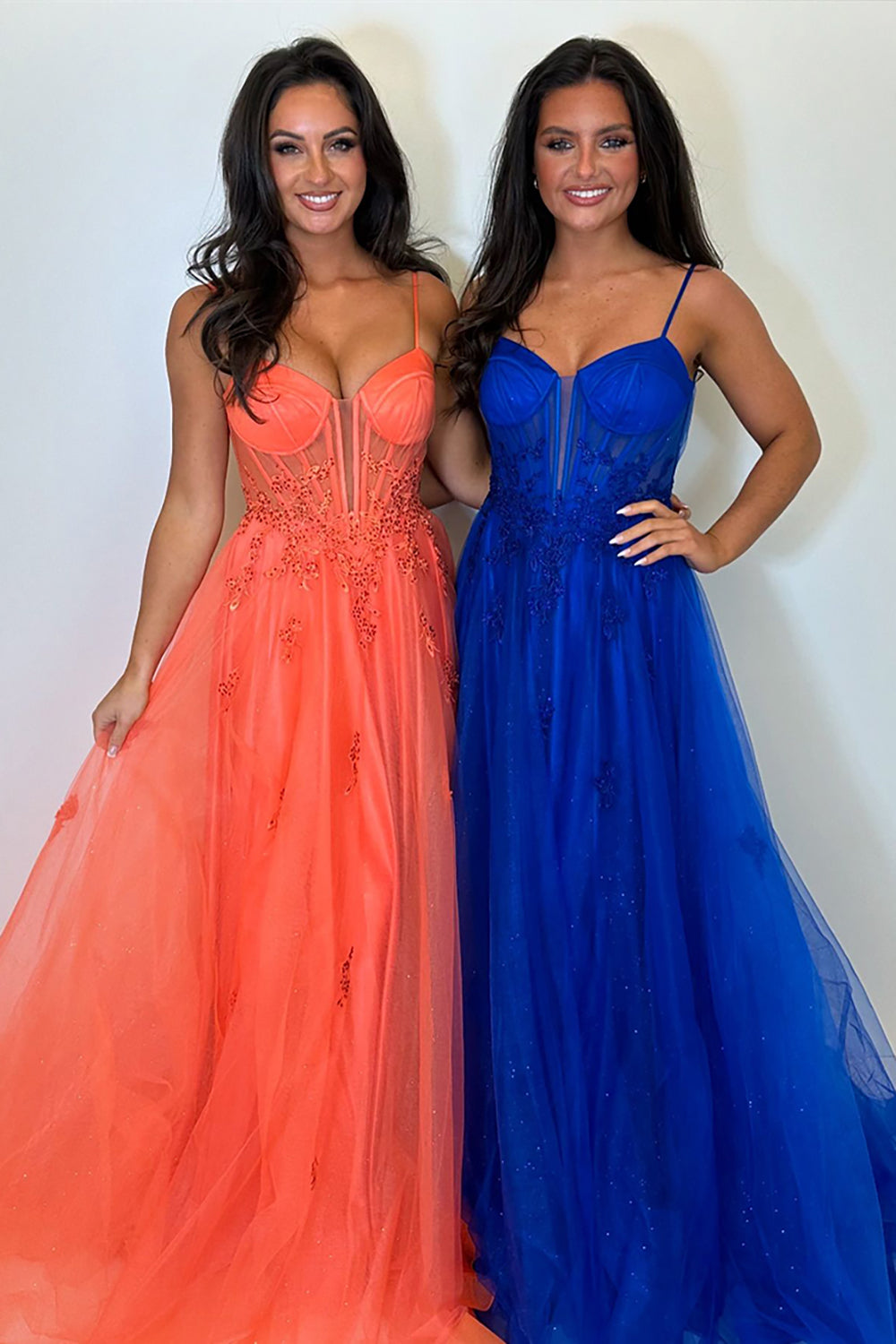Long A-Line Corset Prom Dress in Orange with Tulle and Spaghetti Straps Featuring Appliques