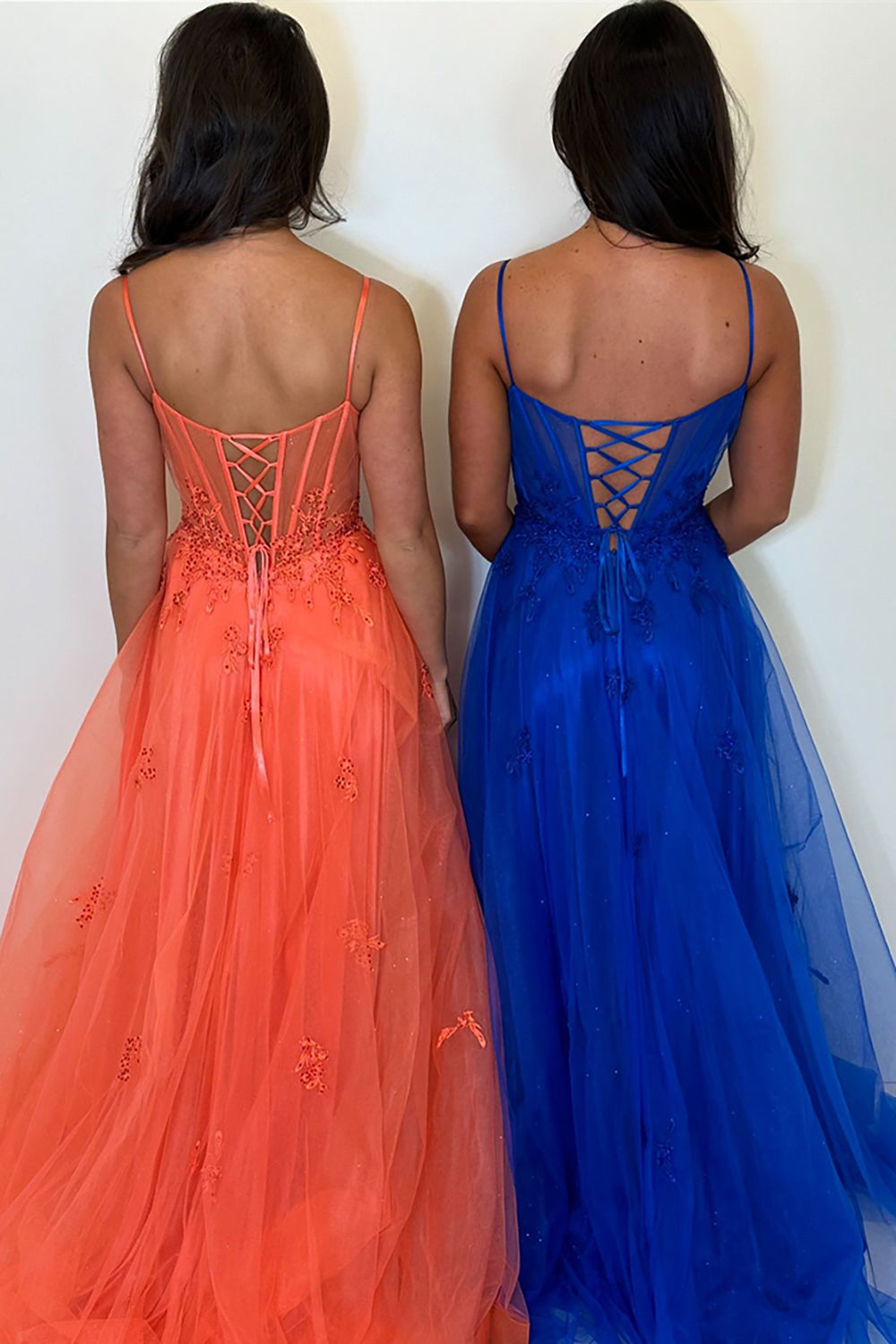Long A-Line Corset Prom Dress in Orange with Tulle and Spaghetti Straps Featuring Appliques