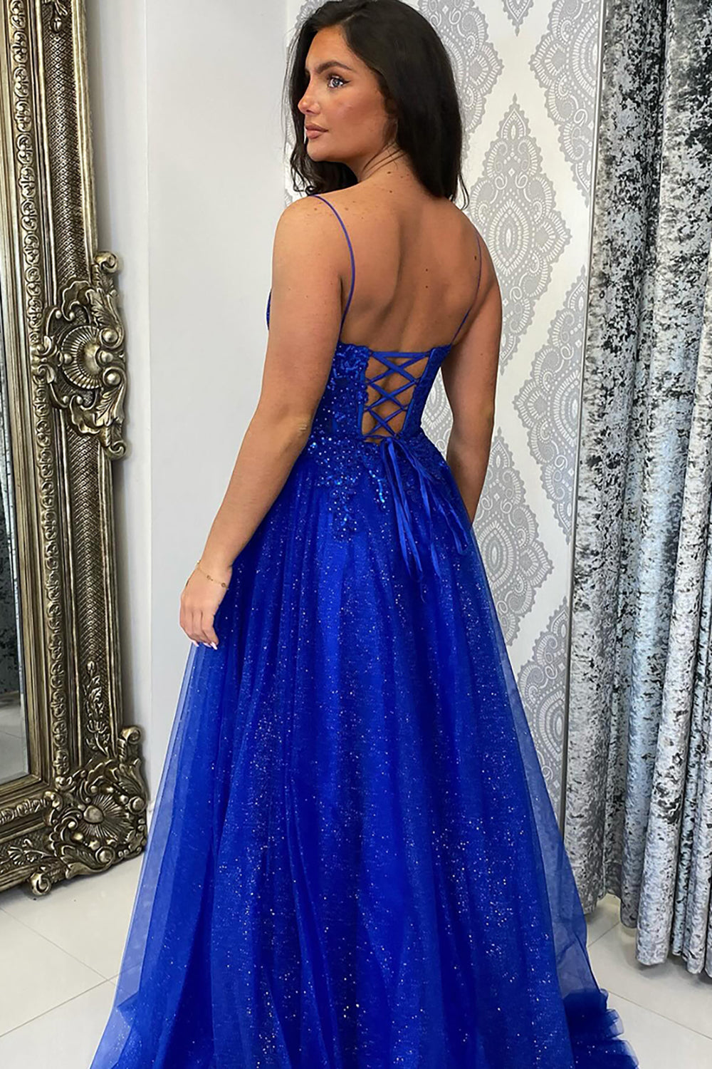 Long Corset Prom Dress with Royal Blue Spaghetti Straps and A-Line Tulle Sequins